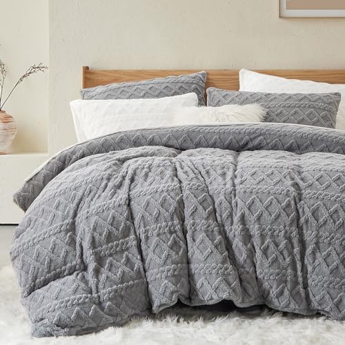 Lanqinglv Plüsch Bettwäsche 135x200 4Teilig Grau Fleece Flanell Flauschig Winterbettwäsche Sherpa Warme Getuftet Cashmere Touch Kuschelige 2 Bettbezug mit Reißverschluss und 2 Kissenbezug 80x80 cm von Lanqinglv