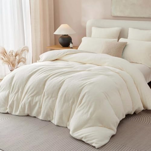 Lanqinglv Plüsch Bettwäsche 135x200 Teddy Fleece Weiß Flauschige Bettwäsche Set Cashmere Touch,ÖKO-TEX Warme Winterbettwäsche Thermo Wende Bettbezug und 1 Kissenbezug 80x80 cm mit Reißverschluss von Lanqinglv