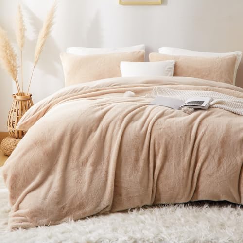 Lanqinglv Plüsch Bettwäsche 155x220 Beige Weiß Kunstfell Flauschig Winterbettwäsche Warme Kuschelig Flanell Fleece Biber Unifarben Bettbezug mit Reißverschluss und 1 Kissenbezug 80x80cm von Lanqinglv