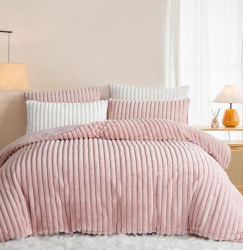 Lanqinglv Plüsch Bettwäsche 200x220 Rosa Warme Winter Flauschig Flanell Kunstfell Streifen Winterbettwäsche Kuschelig Cashmere Touch Dick Bettbezug mit Reißverschluss und 2 Kissenbezug 80x80cm von Lanqinglv