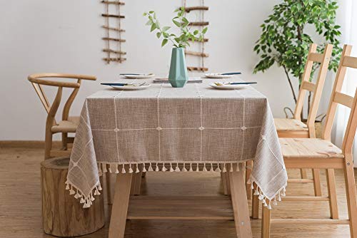 Lanqinglv Quaste Tischdecke 140x240 Beige Kariert Baumwolle und Leinen Tischtuch Rechteck Couchtisch Tischdecke Gartentischdecke Abwaschbar Küchentischabdeckung für Speisetisch (140x240,Beige) von Lanqinglv