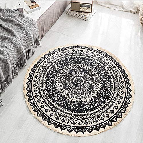 Lanqinglv Rund Teppich 150cm Indische Bohemian Baumwolleteppich Leinen Handgemachte Weben mit Quaste Teppiche Mandala Muster Schwarz Dekorative Wohnzimmer Schlafzimmer Vintage Runder Teppich von Lanqinglv