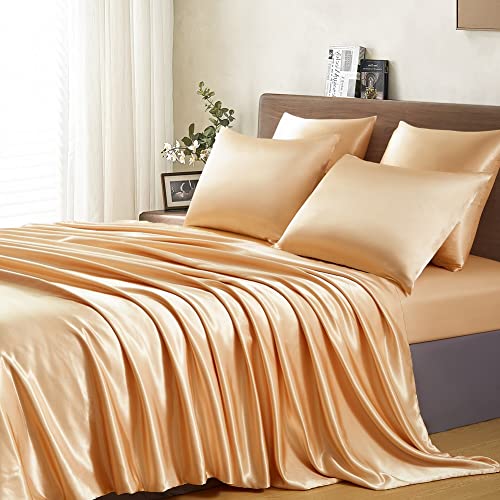 Lanqinglv Satin Bettwäsche Set 135x200 cm 4 Teilig Gold Seide Glatt Glanzsatin Luxus Sommerbettwäsche Set Satin Polyester Uni 2 Bettbezug mit Reißverschluss und 2 Kissenbezug 80x80cm von Lanqinglv