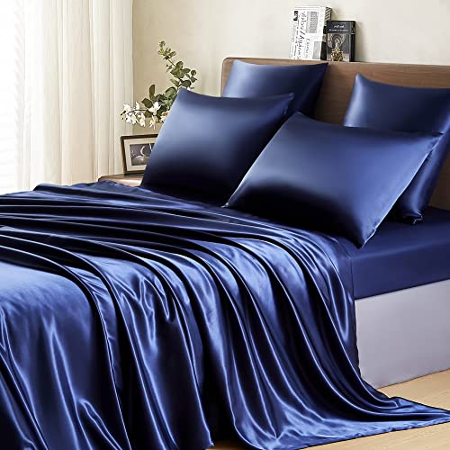 Lanqinglv Satin Bettwäsche Set 155x220 cm Blau Marineblau Seide Glatt Glanzsatin Luxus Sommerbettwäsche Set Satin Polyester Uni Bettbezug mit Reißverschluss und 1 Kissenbezug 80x80cm von Lanqinglv