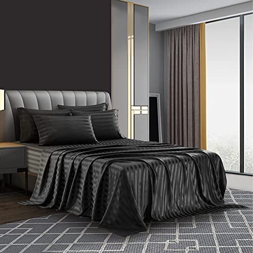 Lanqinglv Satin-Spannbettlaken, 180 x 200 cm, Spannhöhe 30 cm, Schwarz gestreift, elastisch, Spannbettlaken für Doppelbett, Seide, glänzend, für den Sommer, weich, Matratzenschoner von Lanqinglv