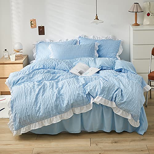 Lanqinglv Seersucker Bettwäsche 135x200 cm Blau Hellblau mit Weiß Rüschen,Elegant Bettbezug Deckenbezug mit Reißverschluss mit 1 Kissenbezug 80x80 von Lanqinglv
