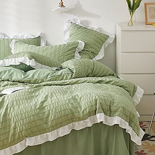 Lanqinglv Seersucker Bettwäsche 135x200 cm Grün mit Weiß Rüschen,Elegant Bettbezug Deckenbezug mit Reißverschluss mit 1 Kissenbezug 80x80 von Lanqinglv