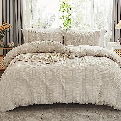 Lanqinglv Seersucker Bettwäsche 135x200cm Beige,Elegant Wendebettwäsche Set aus Microfaser,1 Bettbezug 135x200cm und 1 Kissenbezug 80x80cm mit Reißverschluss von Lanqinglv