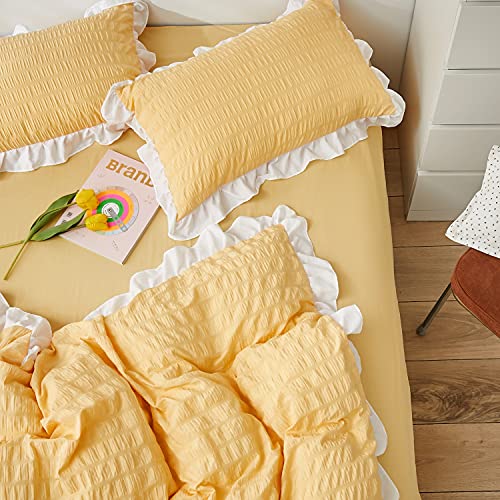 Lanqinglv Seersucker Bettwäsche 200x200 cm Gelb mit Weiß Rüschen,Vintage Bettbezug Deckenbezug mit Reißverschluss mit 2 Kissenbezug 80x80 von Lanqinglv