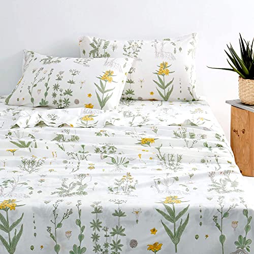 Lanqinglv Spannbettlaken 140 x 200 cm bis 25-30 cm Steghöhe Bettlaken Grün Weiß Blumenmuster Blätter Mikrofaser Jersey Boxspringbett Spannbetttuch von Lanqinglv