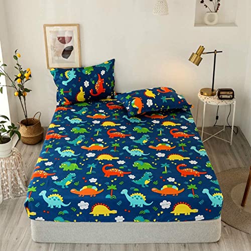 Lanqinglv Spannbettlaken 140x200 cm Kinder Jungen Blau Dinosaurier Muster Matratzenschoner Spannbetttuch aus Mikrofaser - Bettlaken Spannbettlaken für Boxspringbett,Matratze bis 30 cm höhe von Lanqinglv