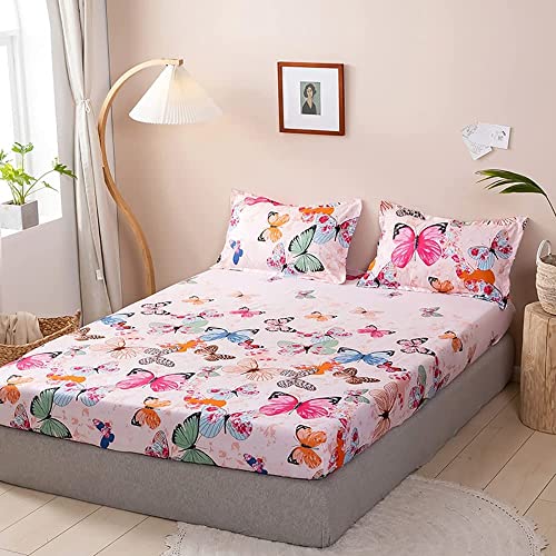 Lanqinglv Spannbettlaken 140x200 cm Kinder Mädchen Rosa Schmetterling Matratzenschoner Spannbetttuch aus Mikrofaser - Bettlaken Spannbettlaken für Boxspringbett,Matratze bis 30 cm höhe von Lanqinglv