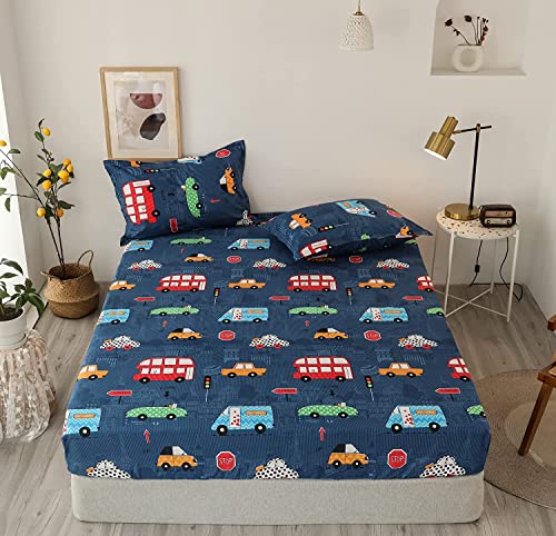 Lanqinglv Spannbettlaken 180x200 cm Kinder Jungen Blau Cartoon Auto Muster Matratzenschoner Spannbetttuch aus Mikrofaser - Bettlaken Spannbettlaken für Boxspringbett,Matratze bis 30 cm höhe von Lanqinglv