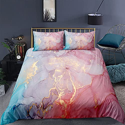 Lanqinglv Teens Bettwäsche 200x200 cm Rosa Lila Gold Marmor Muster Modern Renforce Mikrofaser Doppelbett Bettbezug mit Reißverschluss und 2 Kissenbezug 80x80cm von Lanqinglv