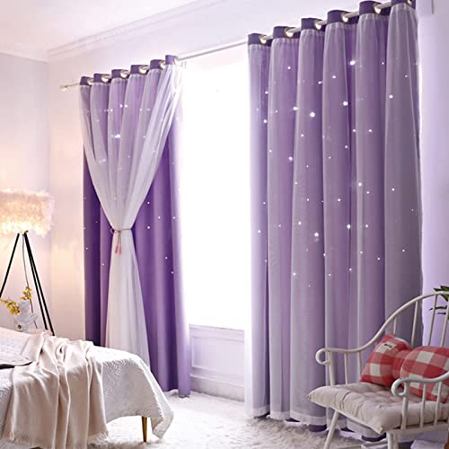 Lanqinglv Verdunkelugsvorhang Kinderzimmer Gardienen 2er Set Sterne Verdunkelung Vorhänge Blickdicht mit Ösen Mädchen Voile Farbverlauf Gardinen Violett (H 213 x B 132 cm) von Lanqinglv