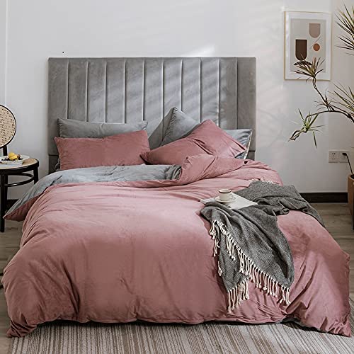 Lanqinglv Warme Winter Bettwäsche 200x200cm Grau Rosa Biber Plüsch Deckenbezug Doppelbett Unifarben Bettbezug mit Reißverschluss und 2 Kissenbezug 80x80cm von Lanqinglv