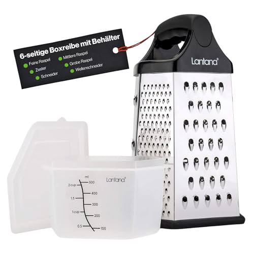 Lantana 6-seitige Reibe mit Behälter - Handreibe/Hobel/Zerkleinerer. 6 unentbehrliche Küchenfunktionen für grobes, mittleres, feines und mikrofeines Reiben/Zesten/Schneiden. von Lantana