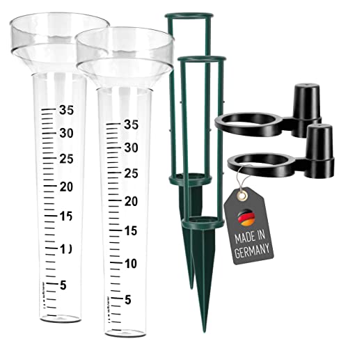 Lantelme 2 Stück Regenmesser mit Halter und Erdspieß im Set für Außen Garten Niederschlagsmesser Kunststoff Glas Regenmenge Regenmengenmesser (Transparent) von Lantelme