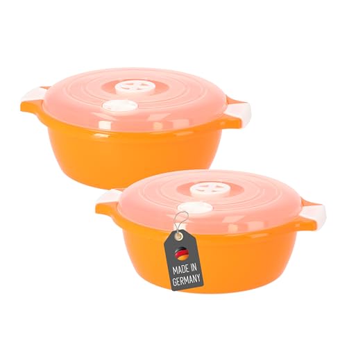 Lantelme® Mikrowellenschüssel 2er Set mit 2,0 Liter mit Dampfventil in Deutschland hergestellt stapelbar spülmaschinengeeignet Kunststoff (Orange) von Lantelme