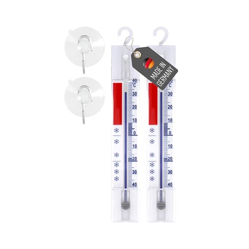 Lantelme 2 Stück Kühlschrankthermometer mit Haken und Saugnapf | Temperaturanzeige -40 bis 40°C Analog | 14 lang Weiß mit farbiger Skala | Thermometer auch für Gefrierschrank Kühltheke von Lantelme