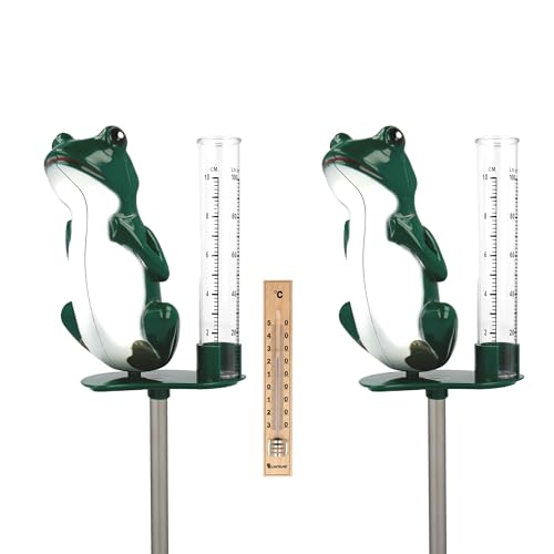 Lantelme 2 Stück Regenmesser Frosch mit Metall Erdspieß 55cm und 1 Stück Holz Innen Thermometer im Set Niederschlagsmesser für Garten Außen Dekoration Kunststoff Gartenstecker Gartendeko 9017 von Lantelme