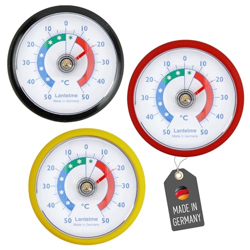 Lantelme 3 Stück Kühlschrankthermometer selbstklebend Temperaturanzeige + - 50°C | Farbe Schwarz Rot Gelb | Analog Bimetall Thermometer Set für Gefrierschrank Kühlschrank Kühltheke zum ankleben (BRD) von Lantelme