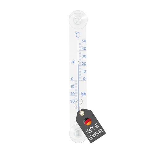 Lantelme Fensterthermometer mit Saugnapf | Kunststoff lang 20cm x 3cm Transparent | Temperaturanzeige Analog -30°C bis 50°C | Thermometer mit Saugkopf für Außen, Fenster, Fensterrahmen (TransBlau) von Lantelme