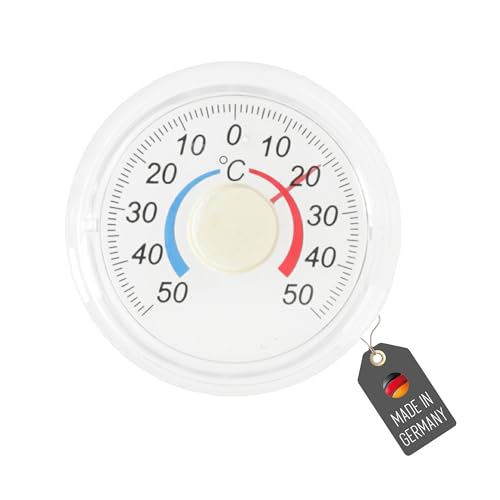 Lantelme Fensterthermometer Selbstklebend | Kunststoff Rund 7,5cm, Transparent | Temperaturanzeige Analog - / + 50°C | Thermometer zum ankleben für Außen, Fenster, Fensterrahmen (TransRund) von Lantelme