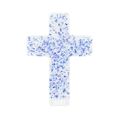 Lantelme Fusingglas Wandkreuz mit INRI Gravur zum Aufhängen Farbig Blau 25cm x 19cm | Glas Kruzifix Fusing als Geschenk zur Firmung Geburt Kommunion Taufe Dekoration | Glas Kreuz (Blau) von Lantelme
