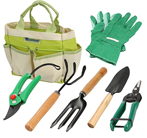 Gartenwerkzeug Set 7-TLG. Gartengeräte mit Aufbewahrungstasche, Garten Werkzeuge mit Blumenschere, Schaufel, Harke, Handgrubber, Handschuhe für Gärtnerinnen, Gärtner und Grabpflege von Lantelme