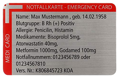 Lantelme Notfallkarte personalisiert Edelstahl Notfallpass Notfallausweis Erste Hilfe Karte mit Wunschgravur 7910 von Lantelme