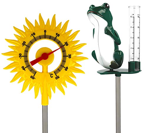 Lantelme® Regenmesser Wetterstation Gartenthermometer Sets mit Erdspieß Gartendeko Niderschlagmesser Windanzeiger (Sonne mit Frosch) von Lantelme