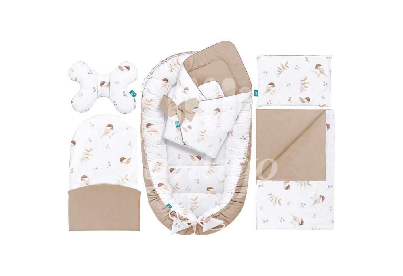 Lantigo Bettnestchen Babynestchen, 6er Set Babynest Babykokon 100% Baumwolle Lovely Bird Cappuccino von Lantigo