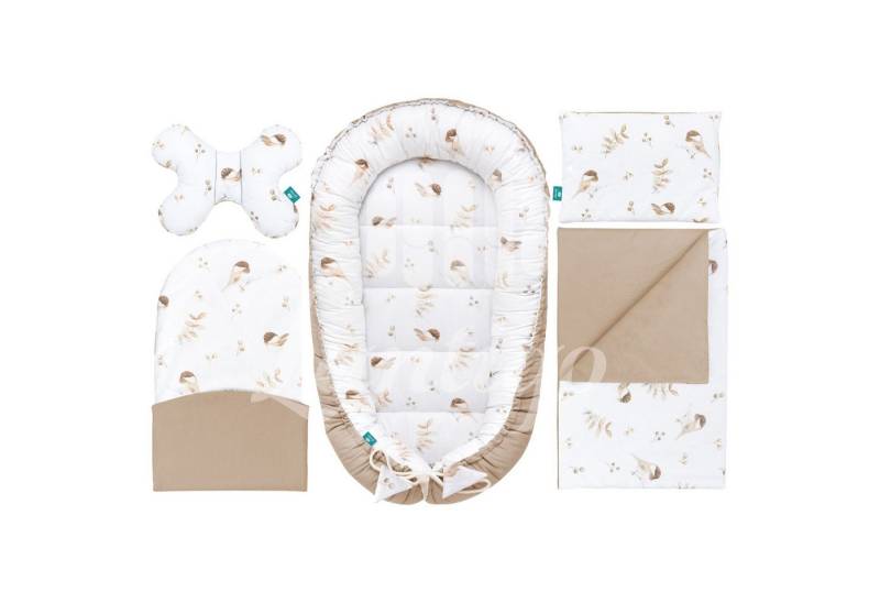 Lantigo Bettnestchen Babynestchen, Babynest Set 5 in 1 OEKO-TEX 100% Baumwolle Lovely Bird Cappucino von Lantigo