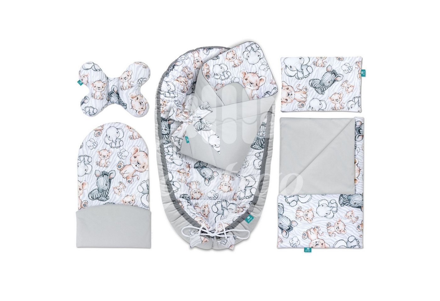 Lantigo Bettnestchen, Set für Neugeborene 6-teiliges Babynest Baumwolle Safari Grey von Lantigo