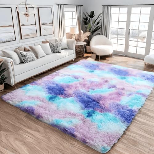 Lanyesky Flauschiger Teppich Wohnzimmer Rutschfester Pelzteppich Flauschiger weicher moderner Batik-Teppich aus Kunstpelzimitat, Kinderzimmer-Schlafzimmerteppich (Helles Lila, 120 x 160 cm) von Lanyesky