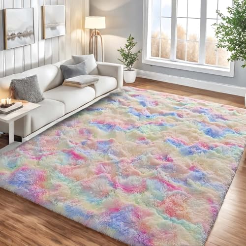 Lanyesky Flauschiger Teppich Wohnzimmer Rutschfester Pelzteppich Flauschiger weicher moderner Batik-Teppich aus Kunstpelzimitat, Kinderzimmer-Schlafzimmerteppich (Regenbogen, 80 x 120 cm) von Lanyesky