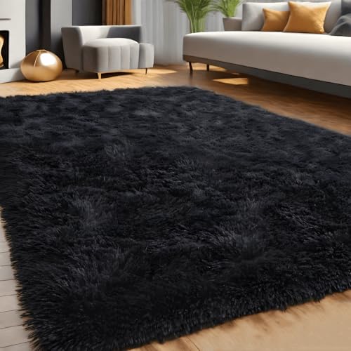 Lanyesky Hochflor Teppich Wohnzimmer Super weich Shaggy Teppich Flauschiger,Soft Area Rug Schlafzimmer Teppiche Super weich Fluffy Kindermatte Carpet (Schwarz., 120x160cm) von Lanyesky