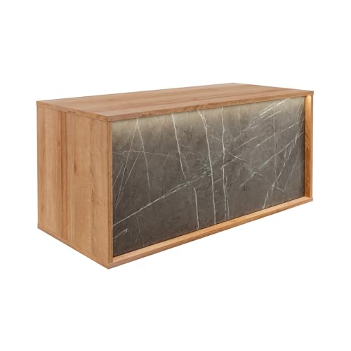Lanzet Dune Waschbeckenunterschrank – Hellbraune Holzoptik, Marmor graue Front, 100cm, LED-beleuchtet mit Bewegungsmelder, 1 Schublade mit integriertem Einsatz, Push-to-Open – Made in Germany von Lanzet