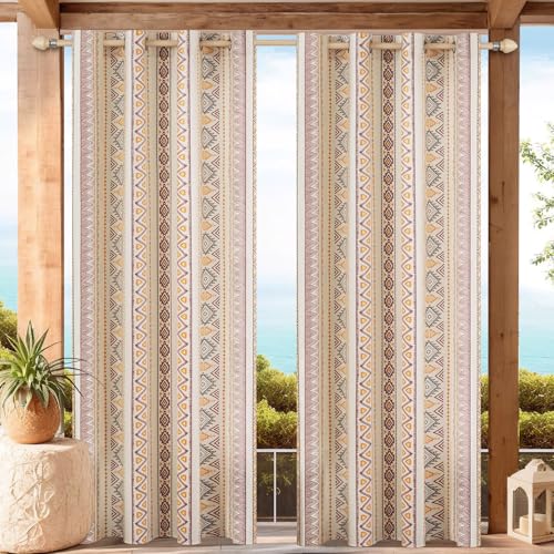 Lapalife Outdoor Vorhänge Wasserdicht,B132xH213cm Leinen Boho Ösenvorhang 2er Set Sichtschutz Schutz für Balkon Terrasse Pergola Gartenlaube Veranda 2 Stück,Sommer von Lapalife