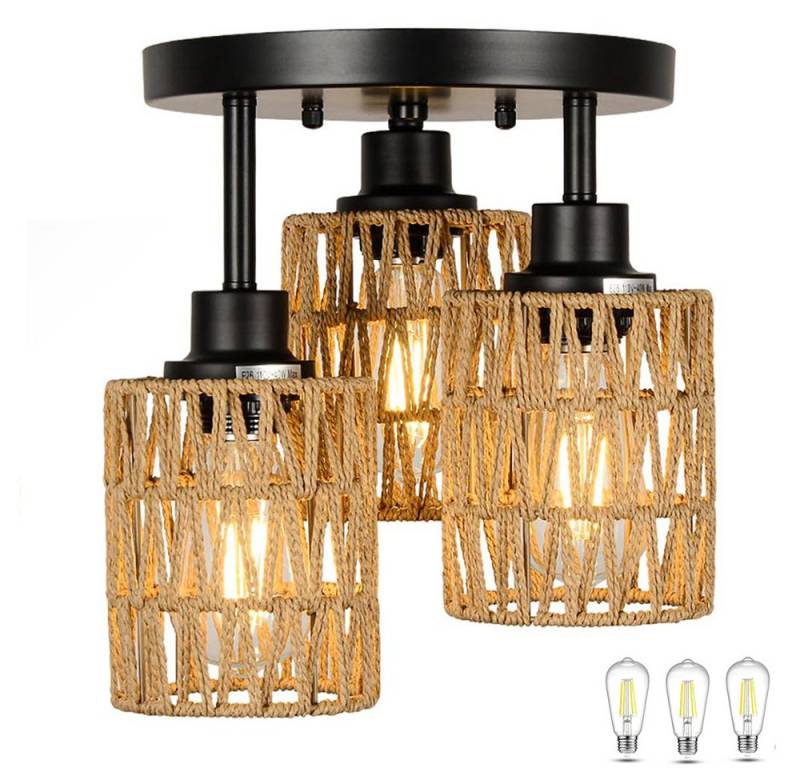 Lapamax LED Deckenleuchte Rattan Deckenleuchte Hängend 3 Flammig E27 Vintage Kronleuchter Boho, Hängelampe Rustikal Braun Deckenlampe Für Wohnzimmer Küche von Lapamax