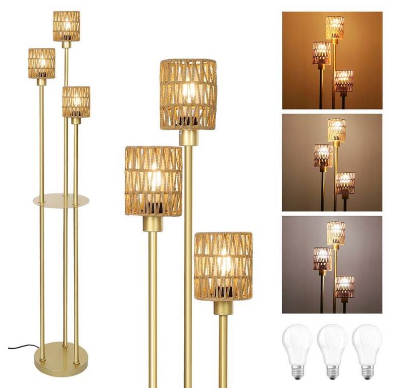 Lapamax LED Stehlampe Dimmbare Stehlampe Wohnzimmer 3-flammige Rattan Stehlampe mit Regal, LED wechselbar, Standleuchte mit Rattan Lampenschirm Fußschalter Stehleuchte für Büro von Lapamax