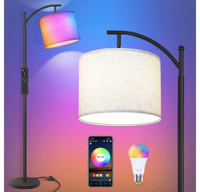 Lapamax Stehlampe Intelligente Stehleuchte WiFi Bogenlampe mit Fernbedienung Fußschalter, 10W Glühbirne, Stufenlose Helligkeit, Farbwechsler, RGB Stehlampe mit Stoff Lampenshirm Eisen Basis Standleuchte Leselampe von Lapamax