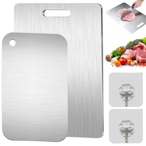 Schneidebrett Titan 2 Stück, Titan Schneidebrett Titanium Schneidebrett Edelstahl Schneidebrett Schneidebrett Edelstahl Kommt mit 2 Haken für Fleisch Obst Gemüse Wendbar und Leicht zu Reinigen von Laralily