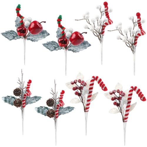 8 Stück Künstliche Beerenstängel mit Schnee Gefälschter Rote Beeren Lutscher Süßigkeiten Canes Curly Weihnachten Lollipop Pick Canes für Weihnachtsbaum Home Holiday Vase Party Christmas Branches von Larber