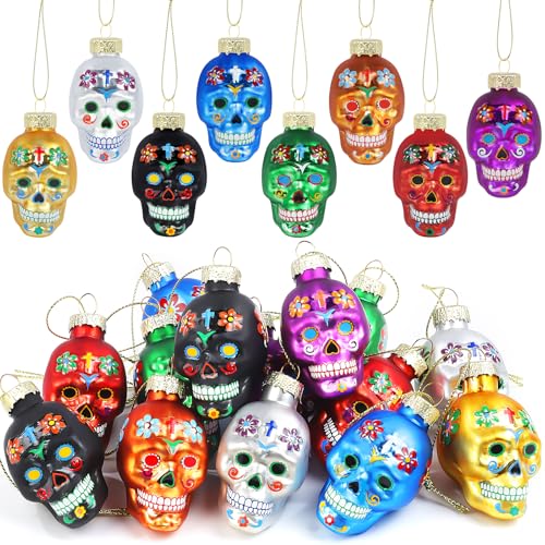 Larber 14pcs Tag Der Toten Hängender Schädel Set Deko Bunt Schädel Hängedeko Glasschädel mit Hangseil für Tag der Toten Halloween Hänge Deckendeko von Larber