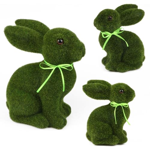 Larber 3 Stück Beflockter Hase Künstlich Moos Hase Hasenfiguren Ostermoos Beflocktes Kaninchen Moos Ostern Beflockte Hasen-Gartenstatue für Frühling Ostern Deko Frühlingsdeko Wohnzimmer Tischdeko von Larber