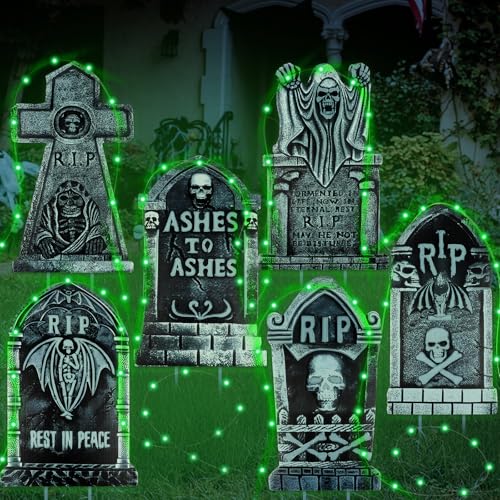 Larber 6 Stück Halloween Grabsteine Deko mit 6 Stück 3 Meter Lichterkette, 42cm Wasserdichtes Friedhof Dekorationen Halloween Deko Outdoor für Garten Horror Deko Larber 6 Stück Halloween Grabsteine Deko mit 6 Stück 3 Meter Lichterkette, 42cm Wasserdichtes Friedhof Dekorationen Halloween Deko Outdoor für Garten Horror Deko von Larber