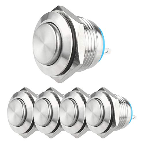 Larcele 16mm Drücken Taster Druckknöpfe DIY Wasserdicht Momentan Push Button 1NO Edelstahlschale,5 Stücke JSANKG-01 (J Pin Terminal, Hoher Runder Kopf) von Larcele