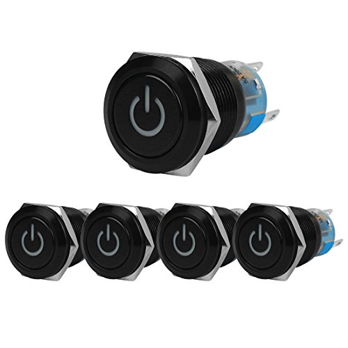 Larcele 19mm Druckschalter mit Kontrollleuchte, DIY 12V Elektrische Schalter,Verriegelung,Schwarz,Energiesymbol,Wasserdicht,5 Stück JSANKG-11 (Licht Blau) MEHRWEG von Larcele
